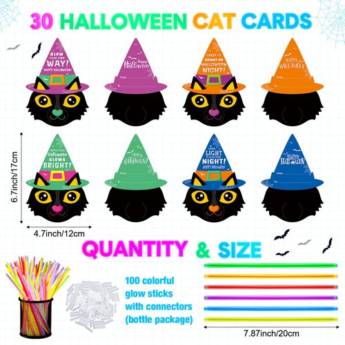 Blosssound 36 Sets Halloween Trick or Treat Gifts 36 Halloween Cat Greeting Cards with 108 Glow Sticks Halloween Party Favors for Halloween Goodie Bag Fillers Glow in the Dark Decor Supplies