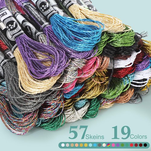 Coume 57 Skeins Metallic Embroidery Floss 499 Yards 19 Colors Embroidery Skein Threads Multicolor Glitter Embroidery Thread Cross Stitch Polyester Thread for Friendship Bracelets DIY Thread Crafts