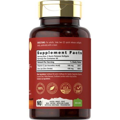 Carlyle Zinc Supplement 100mg with Vitamin C | 180 Softgels | Non-GMO, Gluten Free | Tahoe Nutritionals