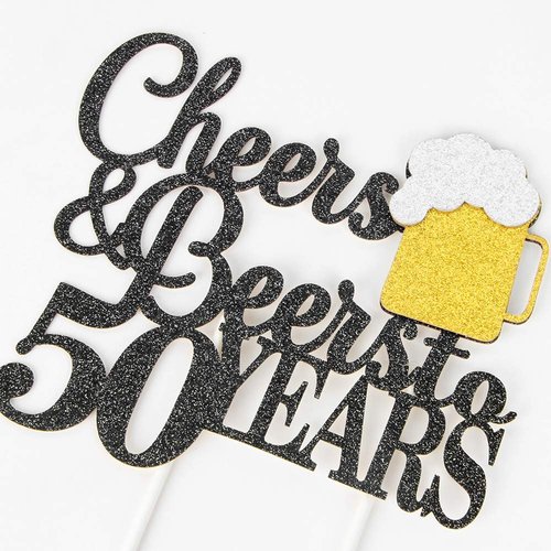 Cheers & Beers to 50 Years Cake Topper, Happy 50th Birthday Cake Topper, 50th Anniversary Party Supplies, Black Glittery