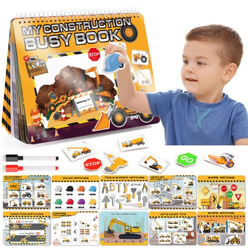 Montessori Busy Book Learning Toys for 2 3 4 5 Year Old Toddlers,Construction Themes Pre K Preschool Learning Activities Workbooks,Autism Sensory Educational Toys Birthday Xmas Gifts for Kids 3-5 4-8