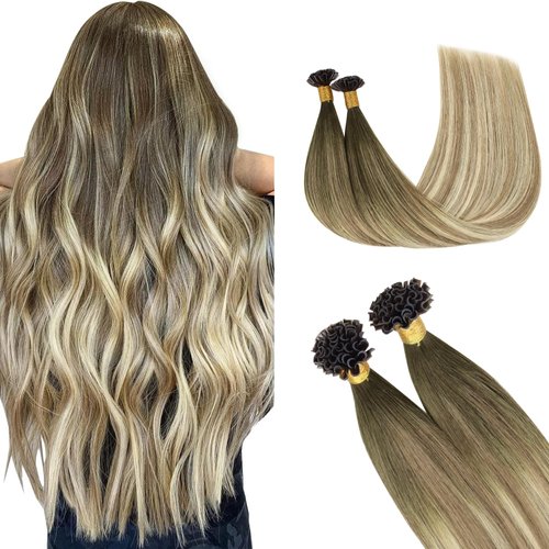 GOO GOO U Tip Hair Extensions Real Human Hair, 22inch 50g 50S, Hot Fusion U Tip Hair Extensions, Invisible Remy Hair Extensions, 3/8/613 Balayage Walnut Brown to Ash Brown and Bleach Blonde