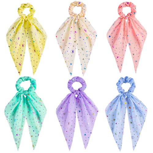6 Pcs Hair Scarf Scrunchies Cute Ribbon Hair Ties for Girls Mouse Pattern Bow Hair Ties Elastic Hair Bands Chiffon Hair Scrunchy for Women and Girls Ponytail Holder