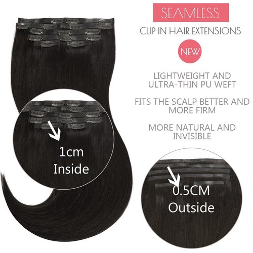 Loxxy Seamless Hair Extensions Clip in Human Hair For Women Ultra-Invisible PU Weft Clip On Hair Extensions Natural Black #1B Color 14inch 7 Pieces Thick Seamless Clip in Hair 110gram