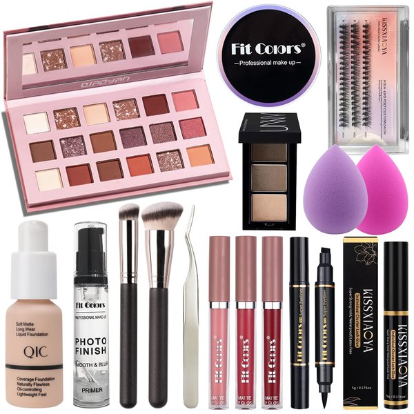 Lookmee All In One Makeup Essential Starter Kit for Beginners or Pros, 18 Colors Naked Eyeshadow Palette Nude Face Primer, Brush, Sponge, Eyebrow Powder, Winged Eyeliner Stamp (SetA)