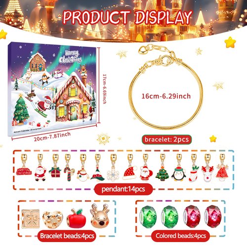 2024 Christmas Advent Countdown Calendar,Charm Bracelet DIY Making Kit 24 Days Surprise Gifts,Jewelry Making Supplies Beads for Teen Girls 4-12,Craft Toys Gifts Set with a Gift Box Gift