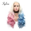 Sylvia Ombre Platinum Blonde to Blue Pink Lace Front Wig Rainbow Colorful Synthetic Wigs 24 Inch Body Wave Half Hand Tied Wig Middle Part 180% Density Heat Resistant Hair Replacement for Woman