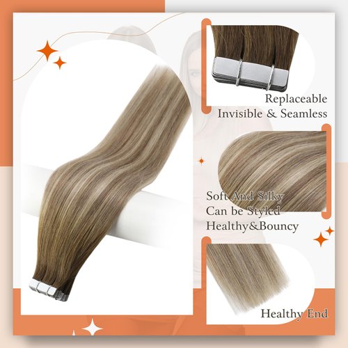 Full Shine 20 Inch Tape in Real Human Hair Balayage Color 3 Fading to 8 Highlighted 22 Medium Blonde Tape Hair Extensions Seamless Invisible 50 Grams Skin Weft Glue in Hair Extensions 20Pcs