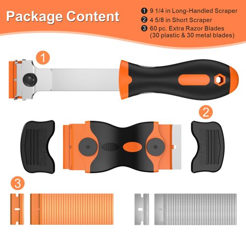 Ywmoml 3 Pack Razor Blade Scraper, Plastic Razor Blade Scraper, Scraper Tool with Extra 30 Plastic Razor Blades and 30 Metal Blades, Razor Scraper for Gum, Tape, Cooktop, Wallpaper or Glass Tool