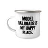 Reusable Model Railroads 12oz Camper Mug, Model Railroads is My Happy Place, Joke Gifts for Friends, Birthday Gifts, Model train set, Toy trains, Train tracks, Railroad toys, Electric trains, Battery