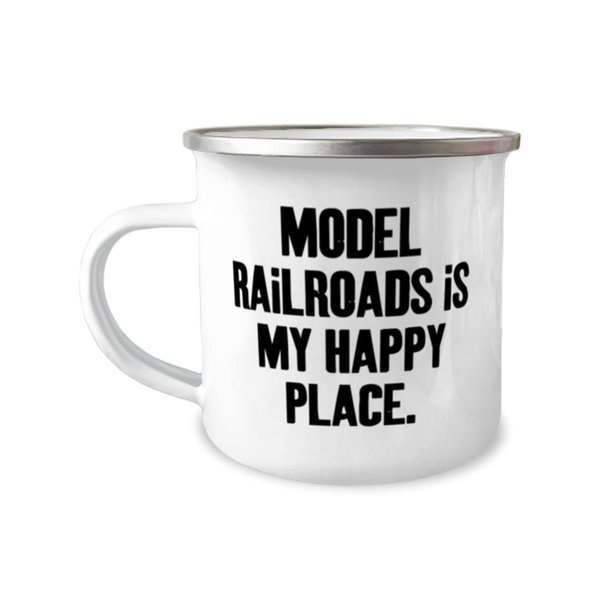 Reusable Model Railroads 12oz Camper Mug, Model Railroads is My Happy Place, Joke Gifts for Friends, Birthday Gifts, Model train set, Toy trains, Train tracks, Railroad toys, Electric trains, Battery
