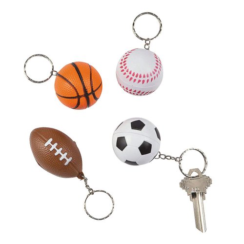 MOMOONNON Mini Foam Squeeze Sports Ball with Keychain, 24 Counts Mixed Mini Soccer, Basketball, Football, BaseBall, Kids Party Favors