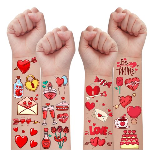 Partywind Valentines Temporary Tattoos for Kids, Valentine's Day Decorations Party Supplies Favors Accessories with Heart Love Flower, Valentines Kids Classroom, Goodie Bag Stuffers
