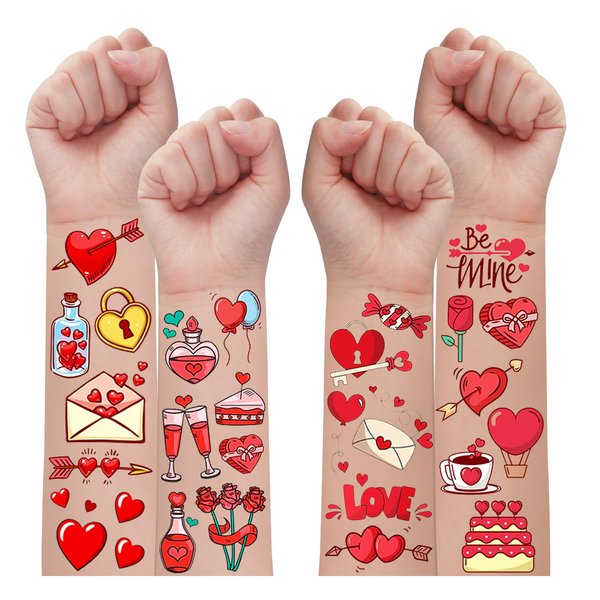 Partywind Valentines Temporary Tattoos for Kids, Valentine's Day Decorations Party Supplies Favors Accessories with Heart Love Flower, Valentines Kids Classroom, Goodie Bag Stuffers