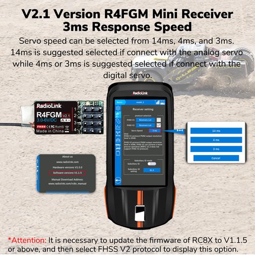 Radiolink R4FGM V2.1 2.4Ghz 4 Channels RC Gyro Receiver for Mini RC Cars 400m Long Range Control for RC Remote Controller RC8X/RC6GS V3/RC4GS V3
