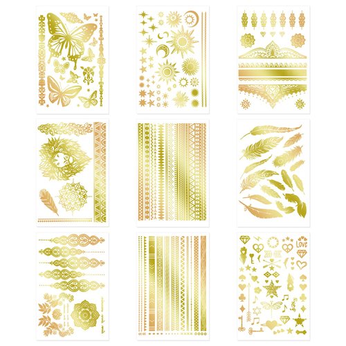 9pcs Gold Temporary Tattoos, 8.3x5.8in Tattoo Stickers Metallic Butterfly Star Moon Feather Waterproof Tattoos Stickers for Women Girls Parties Festivals Makeup Cosplay Accessories (Style B)