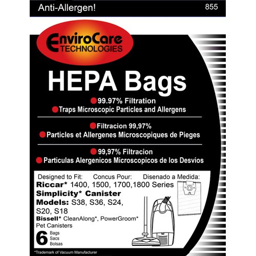 EnviroCare Replacement HEPA Filtration Vacuum Cleaner Dust Bags made to fit Riccar 1400, 1500, 1700, 1800 Series and Simplicity S38, S36, S24, S20 and S18 Canisters 6 pack