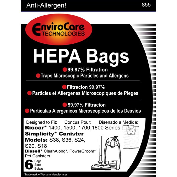 EnviroCare Replacement HEPA Filtration Vacuum Cleaner Dust Bags made to fit Riccar 1400, 1500, 1700, 1800 Series and Simplicity S38, S36, S24, S20 and S18 Canisters 6 pack
