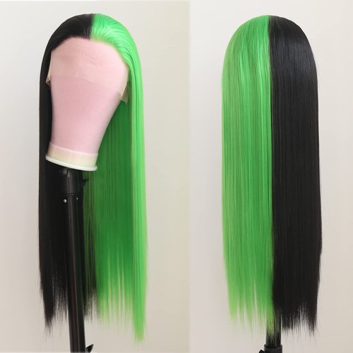BTWTRY Synthetic Lace Front Wigs Half Green Half Black Color Cosplay Wig Heat Resistant Fiber Hair for Women Party Wig (24 Inch, Half Green Half Black)