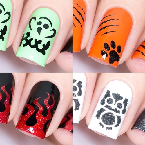 Halloween Nail Vinyl Stencils 4 Pack (Boo!, Kitty Scratch, Fire, Owl) for Nail Art Design