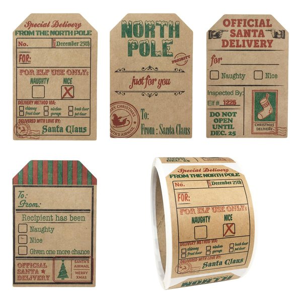Natural Kraft from Santa Claus Stickers, 2” x 3” Inch Christmas Gift Tags 100 Total Labels