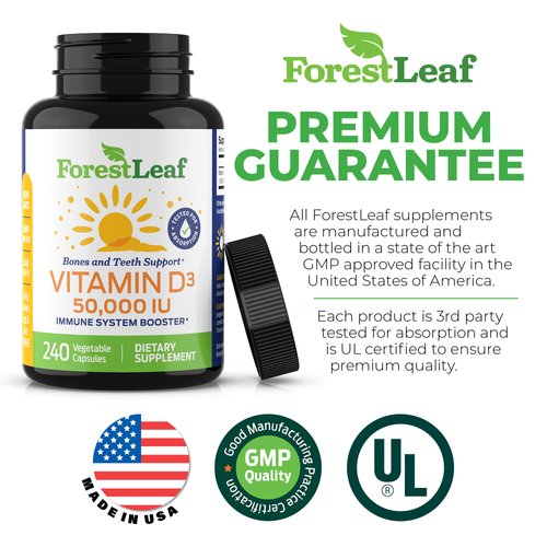 ForestLeaf Vitamin D3 50000 IU - Bone Health and Immune Support - Small Easy to Swallow Vegetable Capsules - Non-GMO Gluten Free VIT D - VIT D3 Vitamin D Supplements for Women and Men, 240 Count