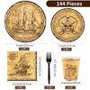 durony 144 Pieces Pirate Tableware Set Pirate Party Plates Cups Napkins Pirate Party Supplies Treasure Map Theme Favors for Pirate Birthday Party Decorations, Treasure Theme Party, Serve 24 Guests