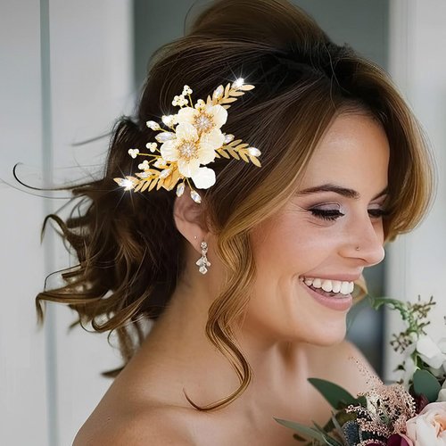 Jeairts Flower Wedding Hair Clip Gold Leaf Pearl Headpiece Hair Barrette Sparkly Bridal Hair Accessories for Women