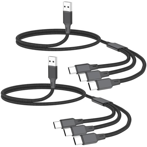 Multi USB Charging Cable(2Pack 4FT), Three USB-C Splitter Charge Cable, 3 in 1 Multiple Charger Cord with 3Type-C Compatible with iPhone 16 15 Series, iPad,Most Cell Phone, Kindle,Black(Charging Only)