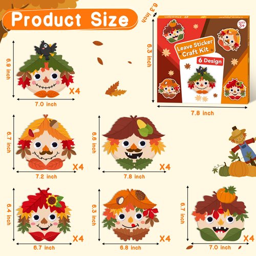 WATINC Fall Leave Scarecrow Sticker Art Craft - Autumn Scarecrows Head DIY Craft Kit, Maple Leaves Pumpkins Thanksgiving Party Preschool Classroom Activity Favors Supplies for Kids Teens (12Pcs)