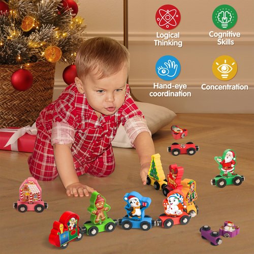 Vanmor Christmas Train Set for Toddlers, Snap Train Toys for Wooden Tracks,Magnetic Holiday Trains Color Matching Learning Toys, Fine Motor Skill Educational Toy Gift for 3 4 5 Years Old Kids