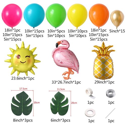 Tropical Hawaiian Party Decorations 155Pcs Luau Balloon Garland Arch Kit, Hot Pink Orange Yellow Pineapple Flamingo Balloons for Tropical Summer Beach Pool Birthday Coconut Party Supplies