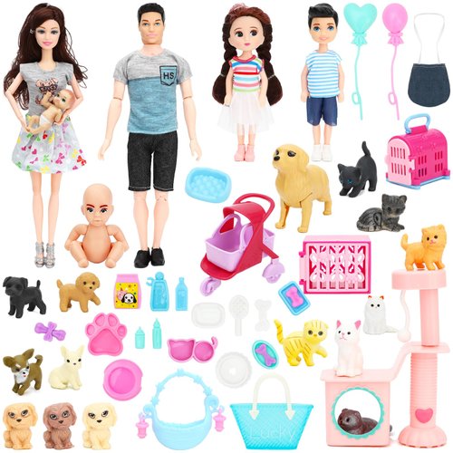 ONEST Family Dolls Set for Kids Pregnant Doll Accessories of 7 People with Dollhouse Pets Included Pregnant Mom Dad 4 Kids and Baby Boy in Mommy's Tummy for 3-12 Years Old Toddlers Gift