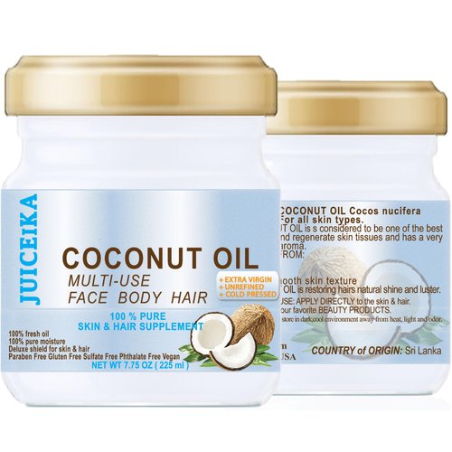 COCONUT OIL Pure EXTRA VIRGIN UNREFINED COLD PRESSED 7.75 Fl.oz 225 ml for Face, Skin, Hair, Lip, Nails by Juiceika