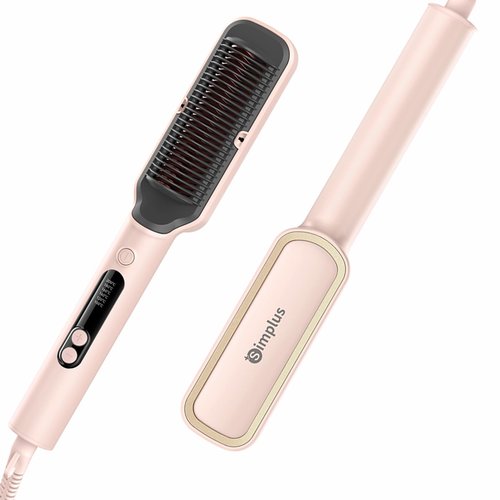 SIMPLUS Ring Hair Straightener Brush, Hair Straightening Iron with Built-in Comb, 10s Fast Heating Ionic Straightening Brush for Women with 6 Temp Settings (212℉-392℉), Anti-Scald & Auto-Off, Pink