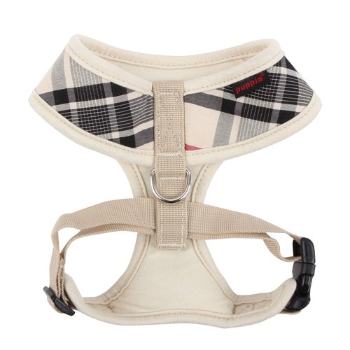 puppia Junior Over-The-Head Dog Harness Checkered Pattern No Choke No Pull Adjustable Chest Belt Walking Training for Small and Medium Dog, Medium, Beige