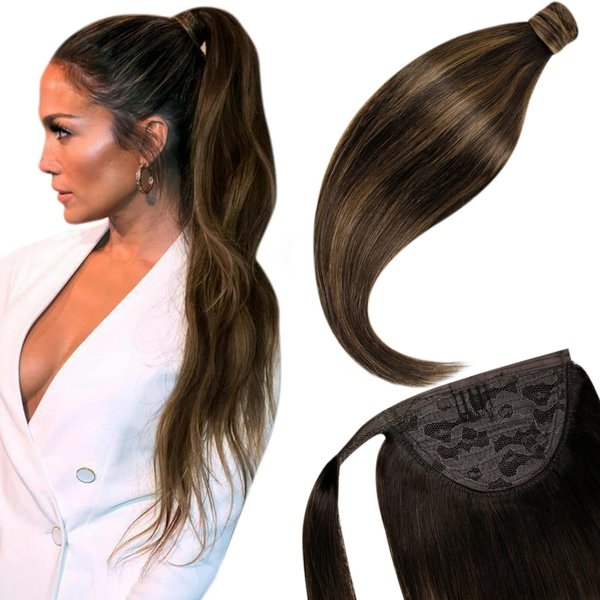 LaaVoo Ponytail Hair Extensions Human Hair Balayage Dark Brown Mix Light Brown Ponytail Extension Human Hair Wrap Around Ponytail Hair Extensions 14 Inch 70g