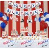 Hockey Birthday Party Supplies, Ice Hockey Themed HAPPY BIRTHDAY Banner, 7 Hanging Swirls, 1 Table Cloth, 10 Cake Toppers, 30 Balloons for Kids, Hockey Fans Birthday Party Decorations (Banner)