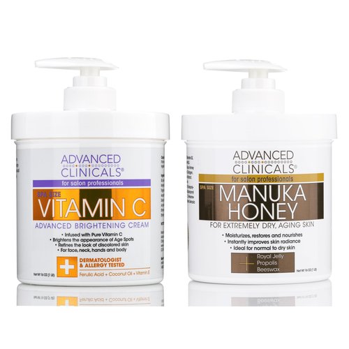 Advanced Clinicals Vitamin C Brightening Cream + Manuka Honey Body Lotion & Face Moisturizer 2pc Skin Care Bundle | Anti Aging Body Butter Lotion & Face Lotion For Women, Dry Skin, & Wrinkles, 2pc