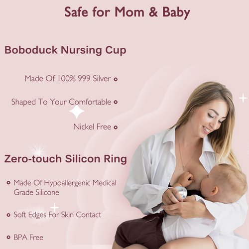 Boboduck The Original Silver Nursing Cups - 999 Silver Nipple Covers Breastfeeding - Protect and Soothe Sore Nipples - Breastfeeding Essentials Silver Nipple Guards with Soft Silicone Ring (Regular)