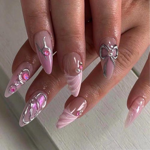 Pink French Tip Press on Nails Long Almond Fake Nails Full Cover False Nails with Charms Rhinestone Bow Glue on Nails Full Cover Shiny Stick on Nails Cute Nude Artificial Nails for Women 24Pcs