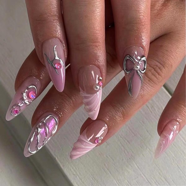 Pink French Tip Press on Nails Long Almond Fake Nails Full Cover False Nails with Charms Rhinestone Bow Glue on Nails Full Cover Shiny Stick on Nails Cute Nude Artificial Nails for Women 24Pcs