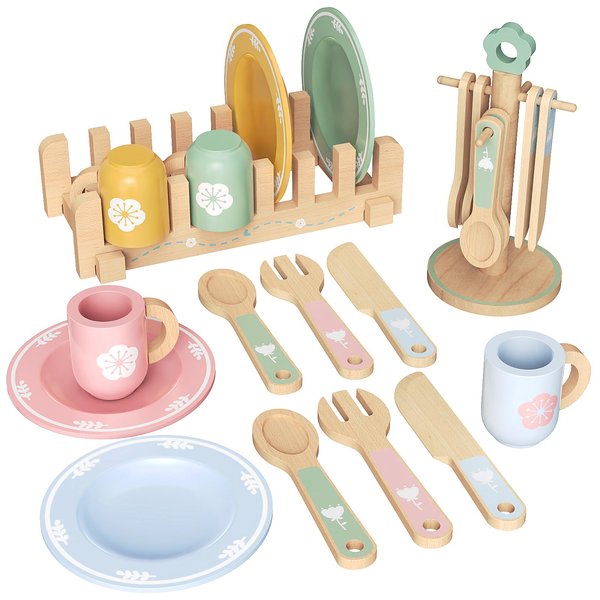 20 PCS Kitchen Playset with Wooden Toy Plates and Dishes, Montessori Kitchen Toys for Girls and Boys, Wooden Play Kitchen Accessories for Kids Toddlers Aged 3 and up