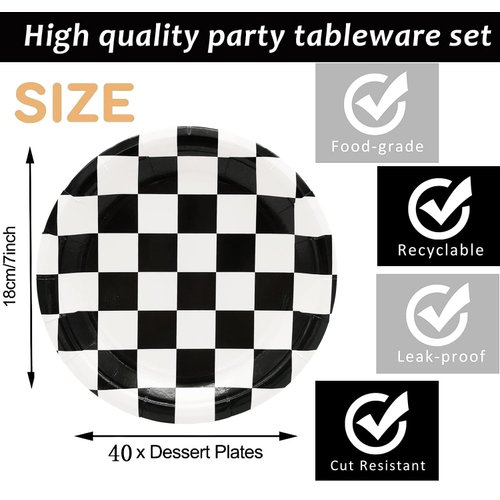 40 Pcs Race Car Birthday Party Supplies Black and White Checkered Party Supplies 7"Checkered Paper Plate,Black White Plate for Kids Car Sports Themed Racing Birthday Party Decorations (Black White)
