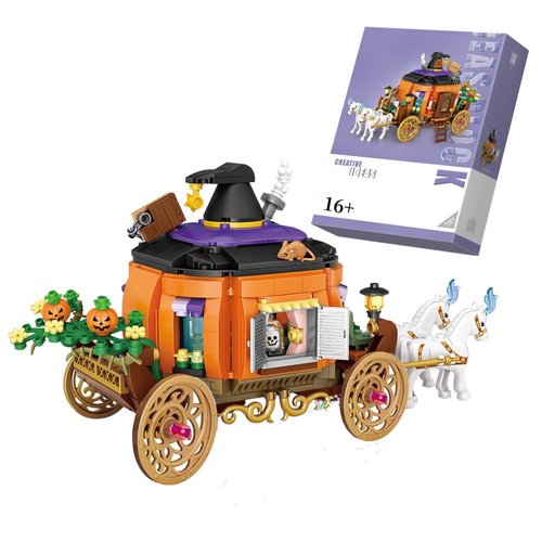 FULHOLPE Street View Halloween Haunted House Bricks Model Set, 839Pcs DIY Halloween Pumpkin Carriage Building Block Assembly Mini Particle Construction Toy