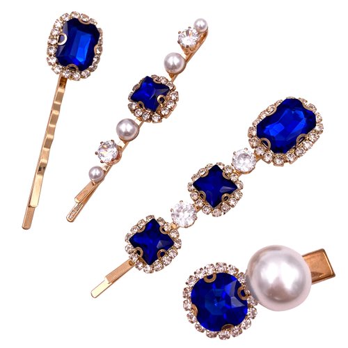 4PCS Vintage Sapphire Blue Crystal Pearl Gold Bobby Pins Decorative Hair Slides Clips Accessories Women
