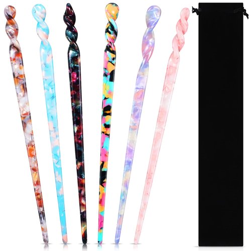 6 Pcs Acetate Hair Stick Tortoise Shell Hairpin Chopstick Hair Accessories Leopard Print Hair Pin Retro Hairpins Disk Hair Stick Hair Styling Pin with Flannelette Bag for Women(Novel Patterns)