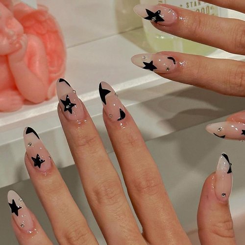 24 Pcs Rhinestones Press on Nails Almond Fake Nails with Glue Nude False Nails with Star Pattern Design Full Cover Nail Tips Artificial Glue on Nails Medium Reusable Stick on Nails for Women and Girls