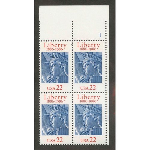 USA 1986 22-Cent Statue of Liberty Centennial Plate Block of 4 Postage Stamps, Catalog No 2224, MNH