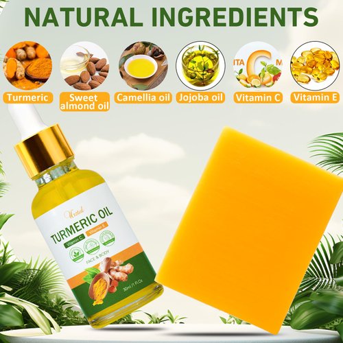 URZTUL 2 PCS Turmeric Soap Bar & 1 Pack Turmeric Oil for Face & Body, Nautral Tumeric Skin Care Soap Deep Cleanses, Soothing, Hydrating Turmeric Vitamin C Vitamin E Oil for All Skin Type